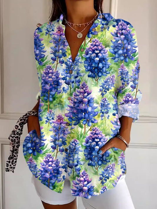 🙏💔Join us in praying for Texas.🙏Women's Retro Texas Bluebonnet Print Casual Shirt