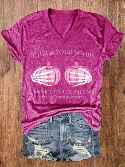 Women's Check Your Boobs Mine Tried To Kill Me Breast Cancer Awareness Print V-Neck T-Shirt