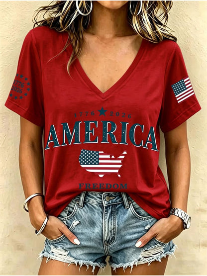 Women'S Retro Independence Day Printed Casual Short Sleeved T-Shirt