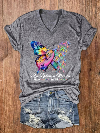 Women's Cancer Butterfly Ribbon We Believe in Miracles Fight In All Color Print V-Neck T-Shirt