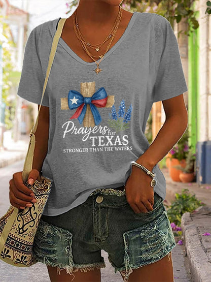 🙏💔Join us in praying for Texas.🙏V-Neck Retro Texas Strong Prayers For Texas Stronger Than The Waters Faith Cross Print T-Shirt