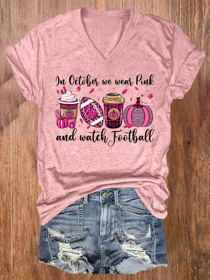 Women's In October We Wear Pink and Watch Football Breast Cancer Awareness T-Shirt