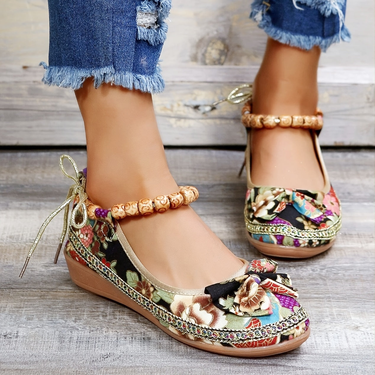 👍Last Day Promotion 70% OFF –2023 🌹Women's Floral Print Flat Shoes, Ethnic Style Ankle Strap Slip On Shoes, Casual Walking Shoes