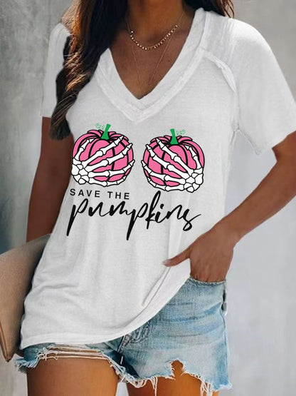 Women's Save The Pumpkins Breast Cancer Awareness Print V-Neck Top