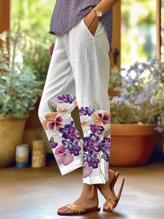 Women's Art Floral Loose  Pockets Casual Pants