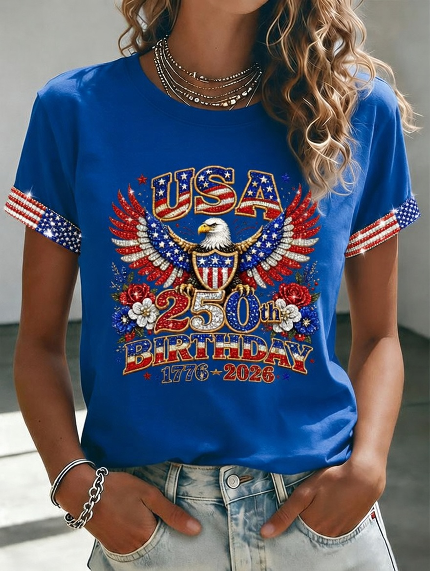 Women'S American Independence Day 250Th Anniversary Printed Short Sleeved T-Shirt