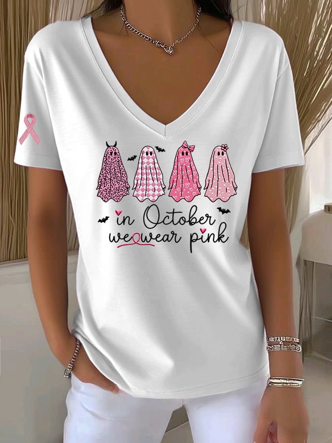 Women's Casual All-Match Solid Color Pink Ghost Ribbon V-Neck T-Shirt