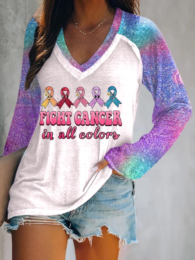 Women's Fight Cancer In All Colors V-Neck Long Sleeve T-Shirt