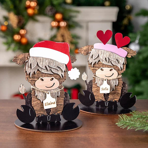 Cute Highland Cow Wooden Tabletop Decor with 12 Interchangeable Hats