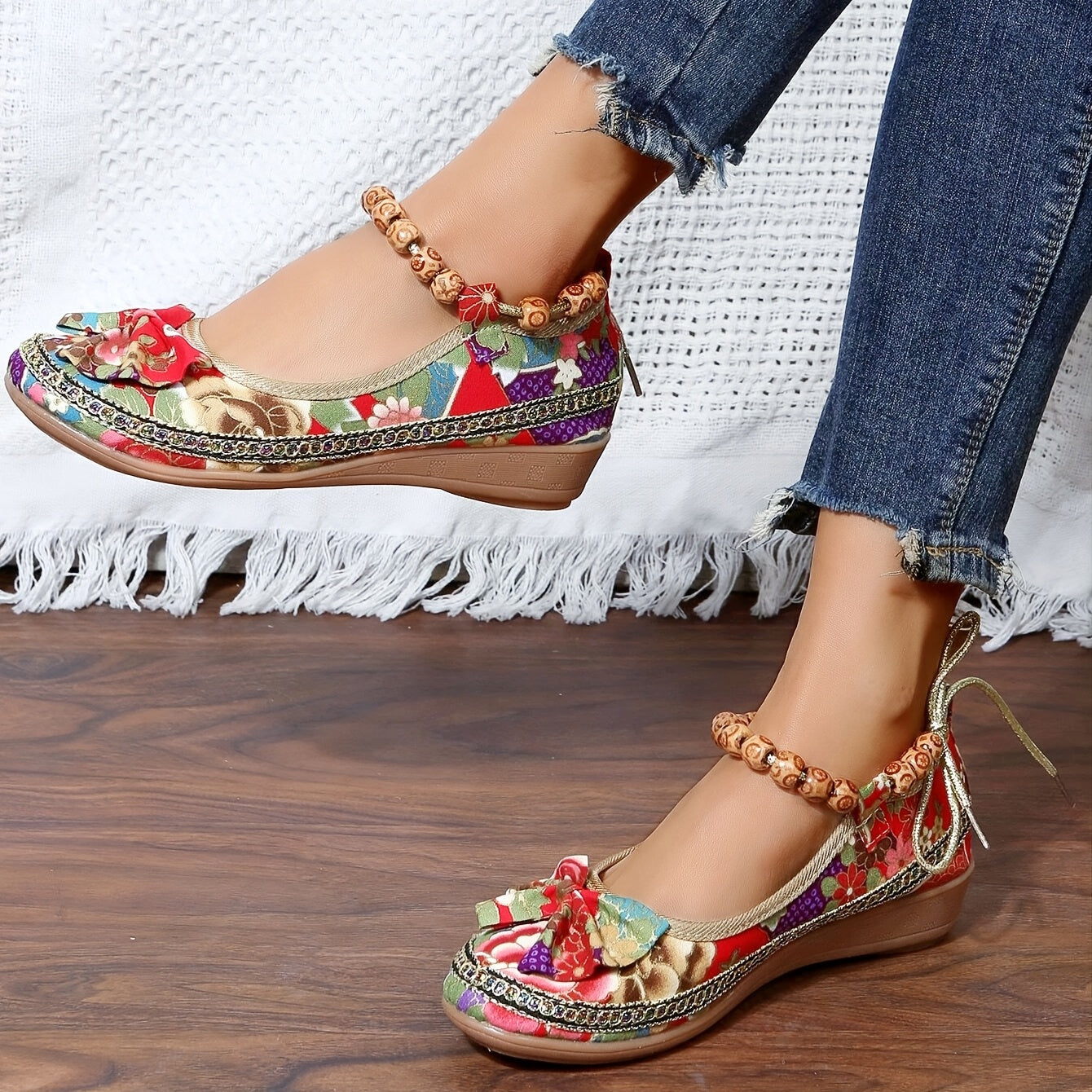 👍Last Day Promotion 70% OFF –2023 🌹Women's Floral Print Flat Shoes, Ethnic Style Ankle Strap Slip On Shoes, Casual Walking Shoes
