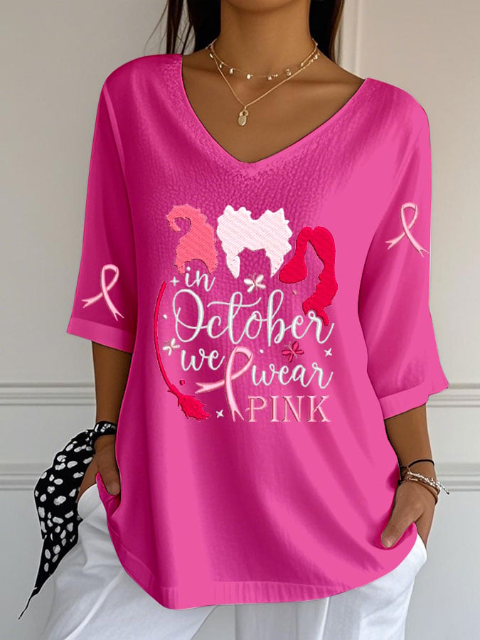 Women's Breast Cancer Witch Print  Casual V-Neck Top