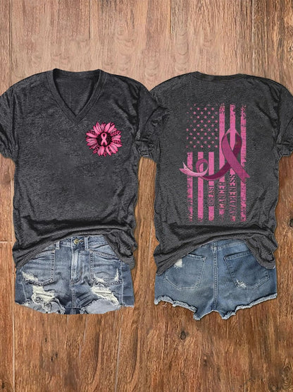 Women's Sunflower Pink Ribbon Flag Breast Cancer Awareness Print V-Neck T-Shirt