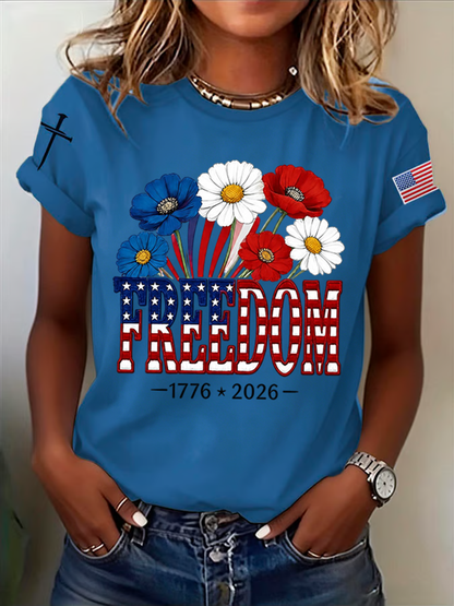 Women's Retro Freedom American Flag Cross Print T-Shirt