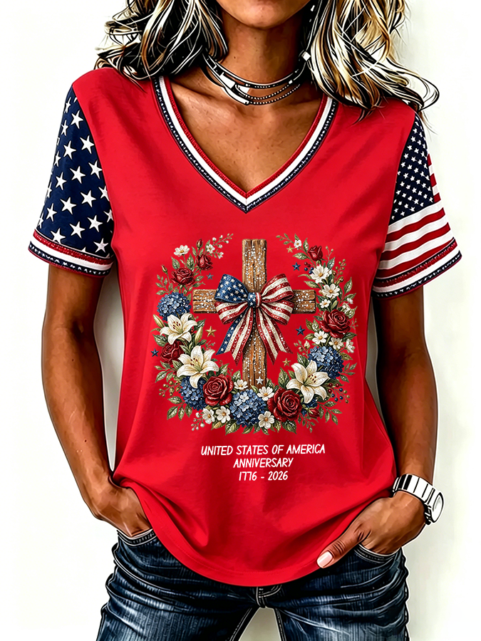 Women'S One Nation Under God Print Casual V-Neck T-Shirt