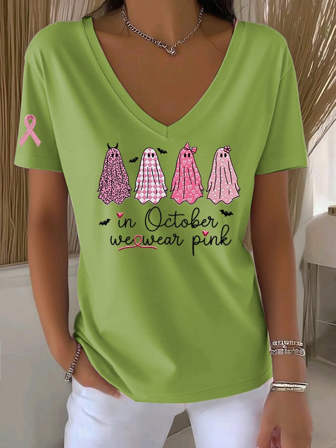 Women's Casual All-Match Solid Color Pink Ghost Ribbon V-Neck T-Shirt