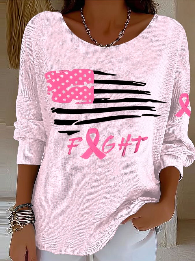 Women's Breast Cancer Ribbon American Flag Print Knitted Top