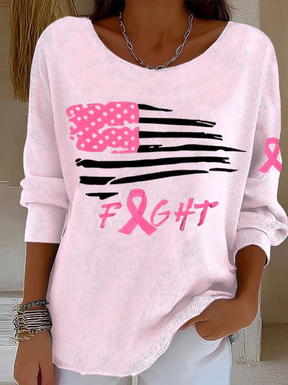 Women's Breast Cancer Ribbon American Flag Print Knitted Top