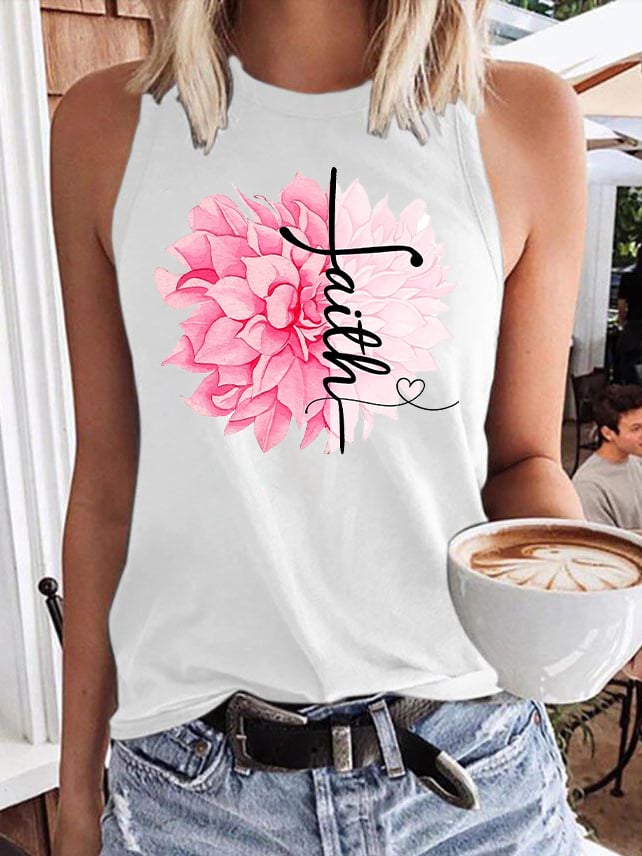 Women'S Floral Breast Cancer Awareness Print Sleeveless Tank Top