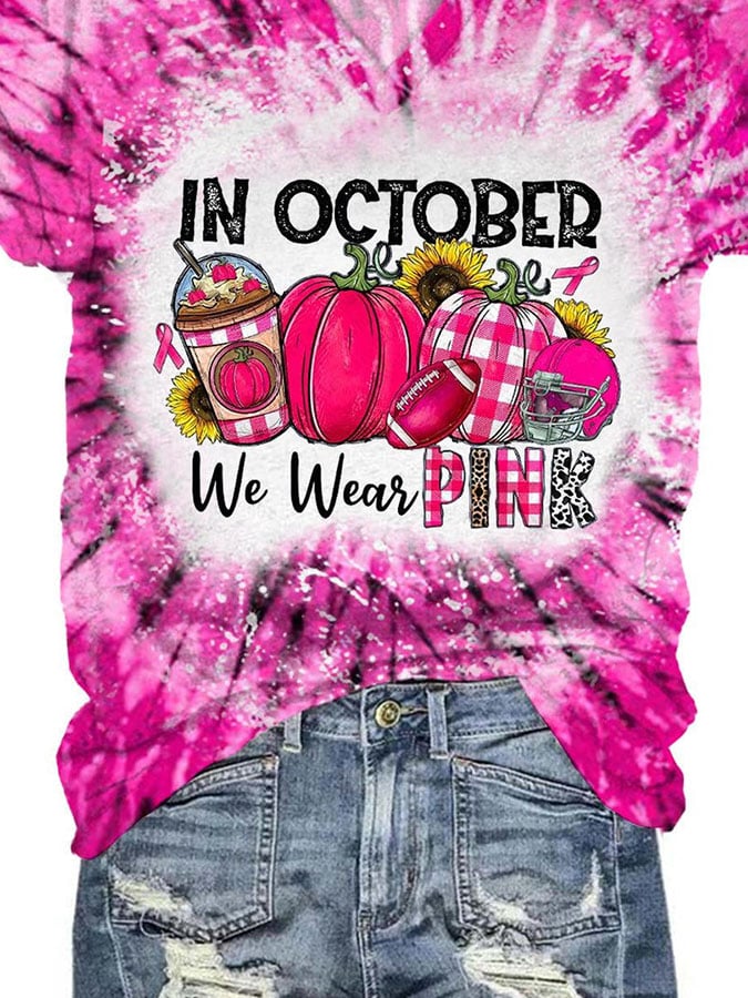 V-Neck Breast Cancer Awareness Tie Dye In October We Wear Pink Football Print T-Shirt