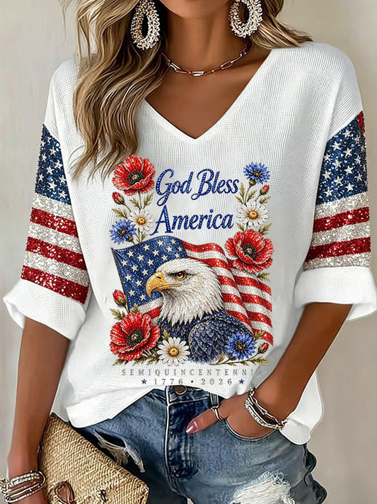 Women's American Flag Printed Casual Waffle Long Sleeve T-shirt
