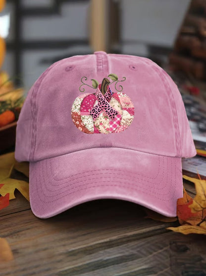 Women's Pink Pumpkin Print Washed Cotton Hat