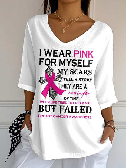 Women's Breast Cancer I Wear Pink For Myself My Scars Printed T-Shirt