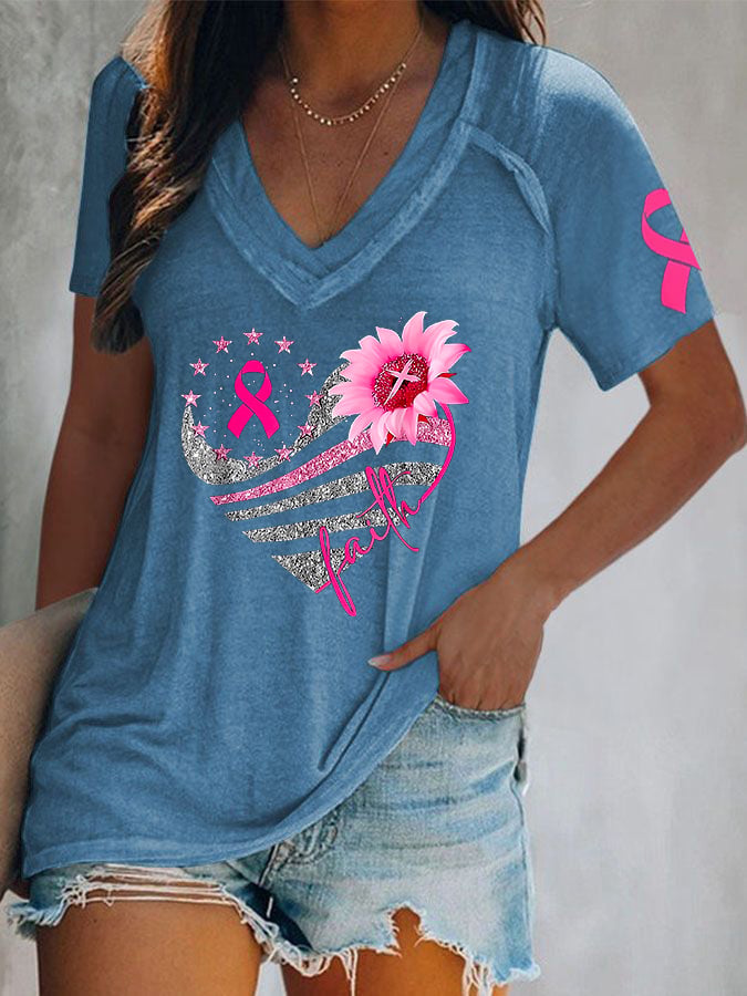 Women's Breast Cancer V-Neck Casual T-Shirt