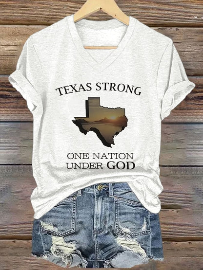 🙏💔Join us in praying for Texas.🙏V-Neck Retro Texas Strong One Nation Under God Print T-Shirt