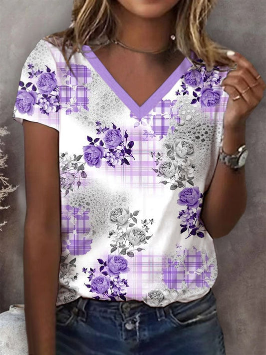 Women's Alzheimer's disease Purple Flowers Printed Short-Sleeved T-Shirt