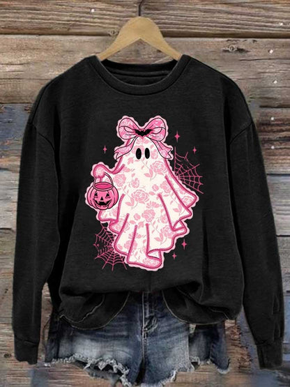 Women's Halloween Pink Ghost Print Casual Sweatshirt