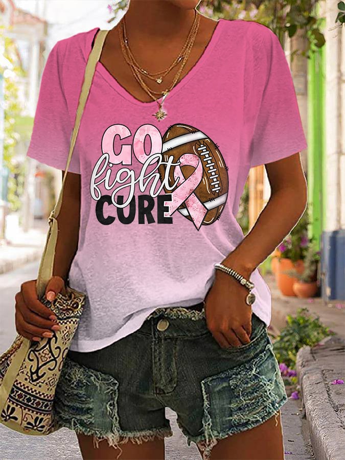 Women's Go Fight Cure Breast Cancer Awareness Print Casual T-Shirt