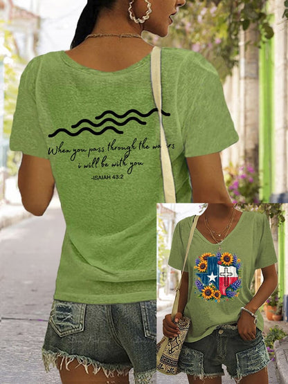 🙏💔Join us in praying for Texas.🙏Women's Texas Strong When You Pass Through the Waters I Will Be with You Isaiah 43:2 Print V Neck Casual T-Shirt
