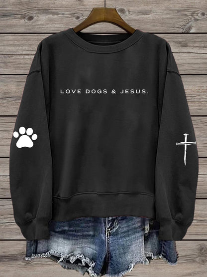 Women's Love Dog and Jesus Print Round Neck Sweatshirt