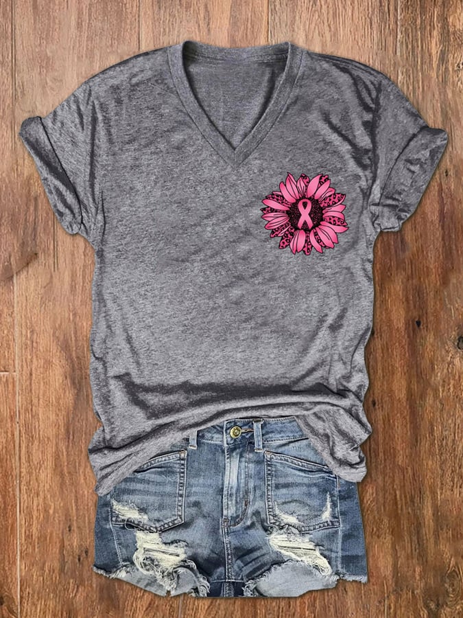 Women's Sunflower Pink Ribbon Flag Breast Cancer Awareness Print V-Neck T-Shirt