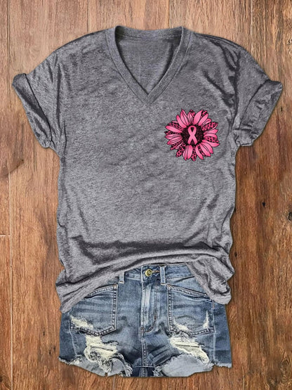 Women's Sunflower Pink Ribbon Flag Breast Cancer Awareness Print V-Neck T-Shirt