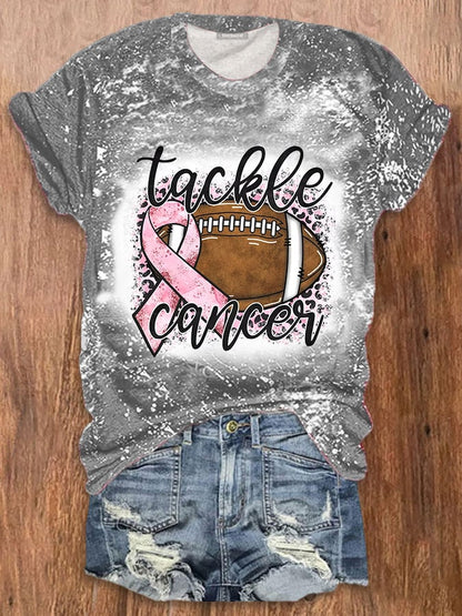 Women's Tackle Cancer Pink Ribbon Football Breast Cancer Warrior Supporter Tee