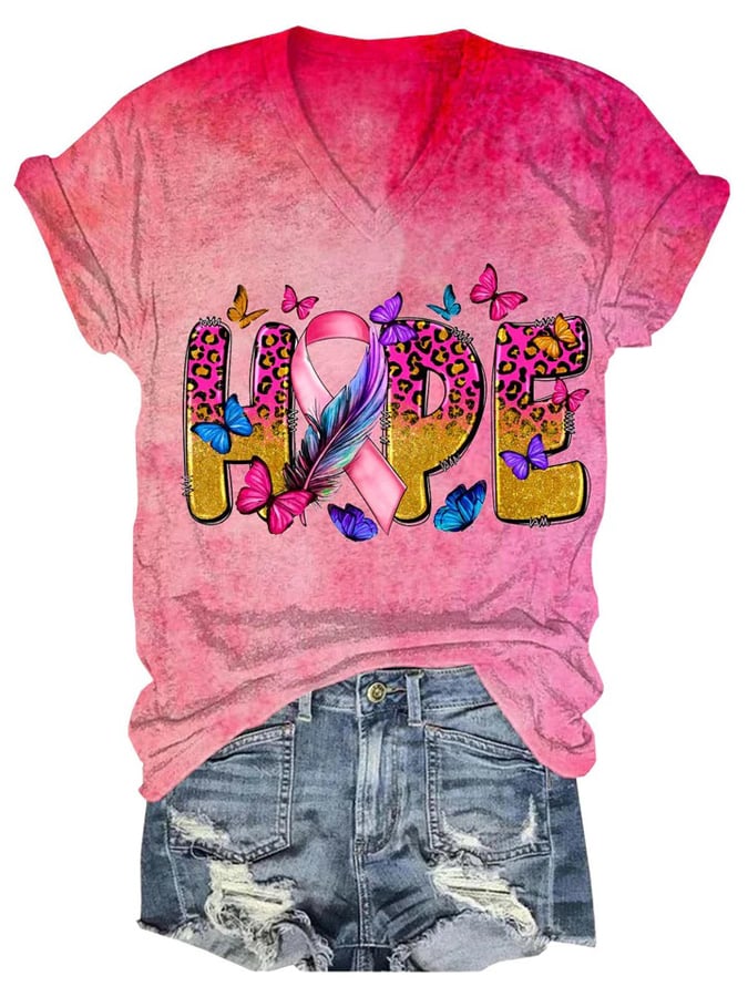 Hope Butterfly Print V Neck T-Shirt
