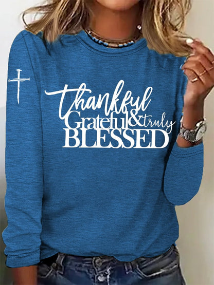 Women's casual retro Grateful Thankful Blessed long-sleeved T-shirt
