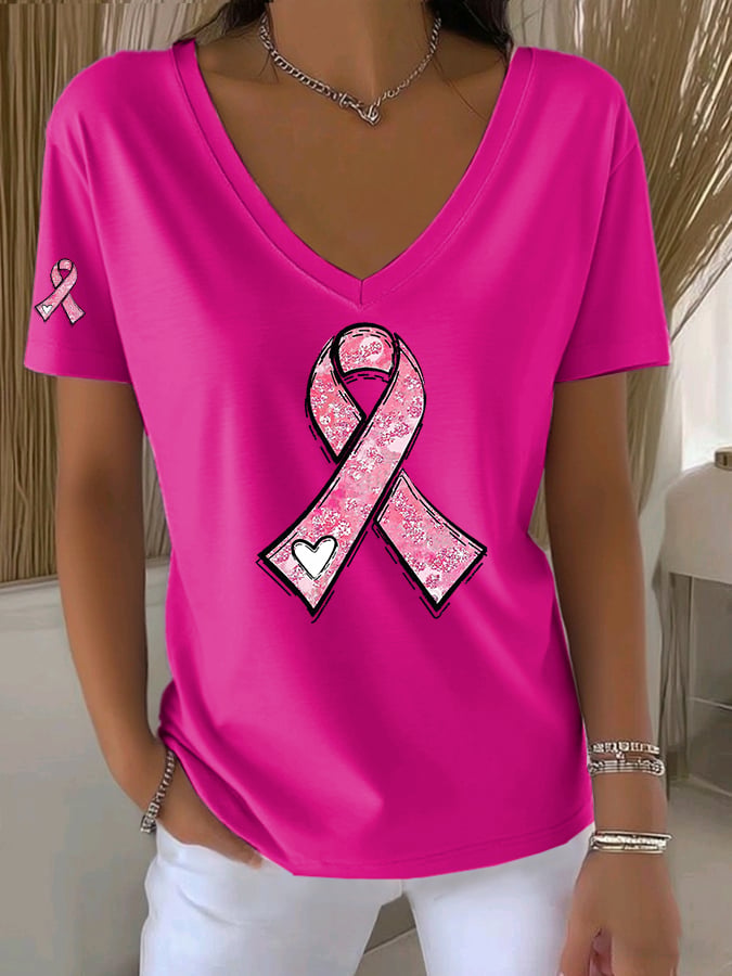 Women's Casual All-Match Solid Color Pink Ribbon V-Neck T-Shirt