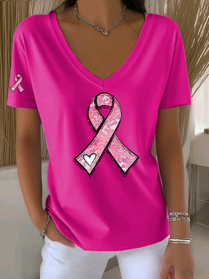Women's Casual All-Match Solid Color Pink Ribbon V-Neck T-Shirt