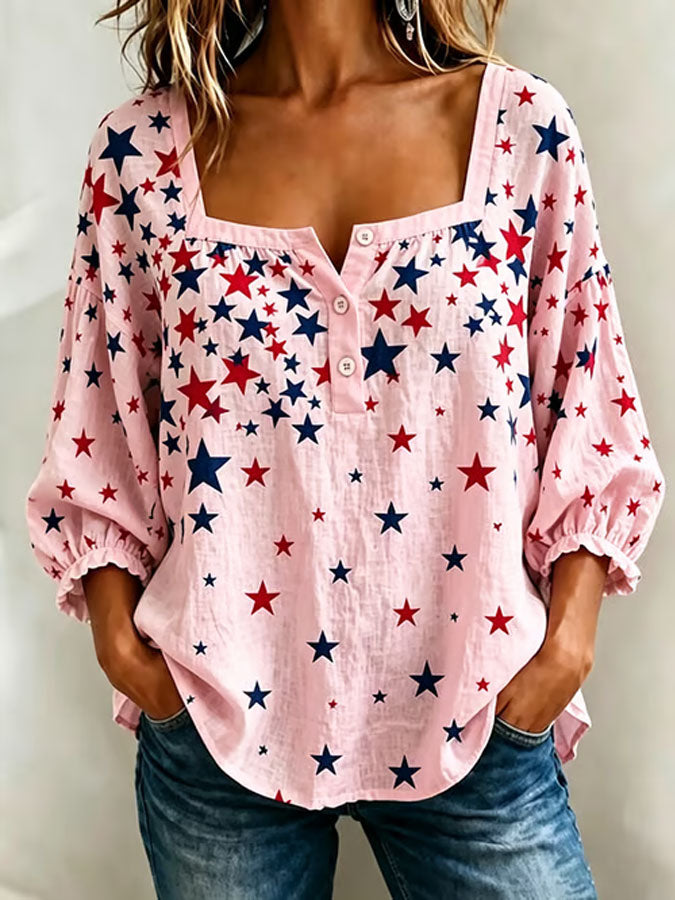 Ladies' Star Print Casual Cotton And Linen Top