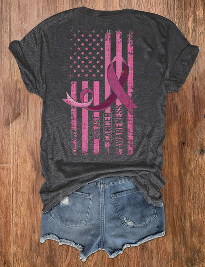Women's Sunflower Pink Ribbon Flag Breast Cancer Awareness Print V-Neck T-Shirt