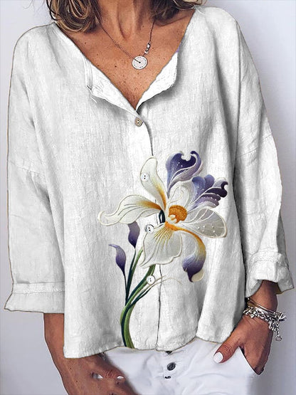 Women's Purple Floral Print Casual Cotton And Linen Top