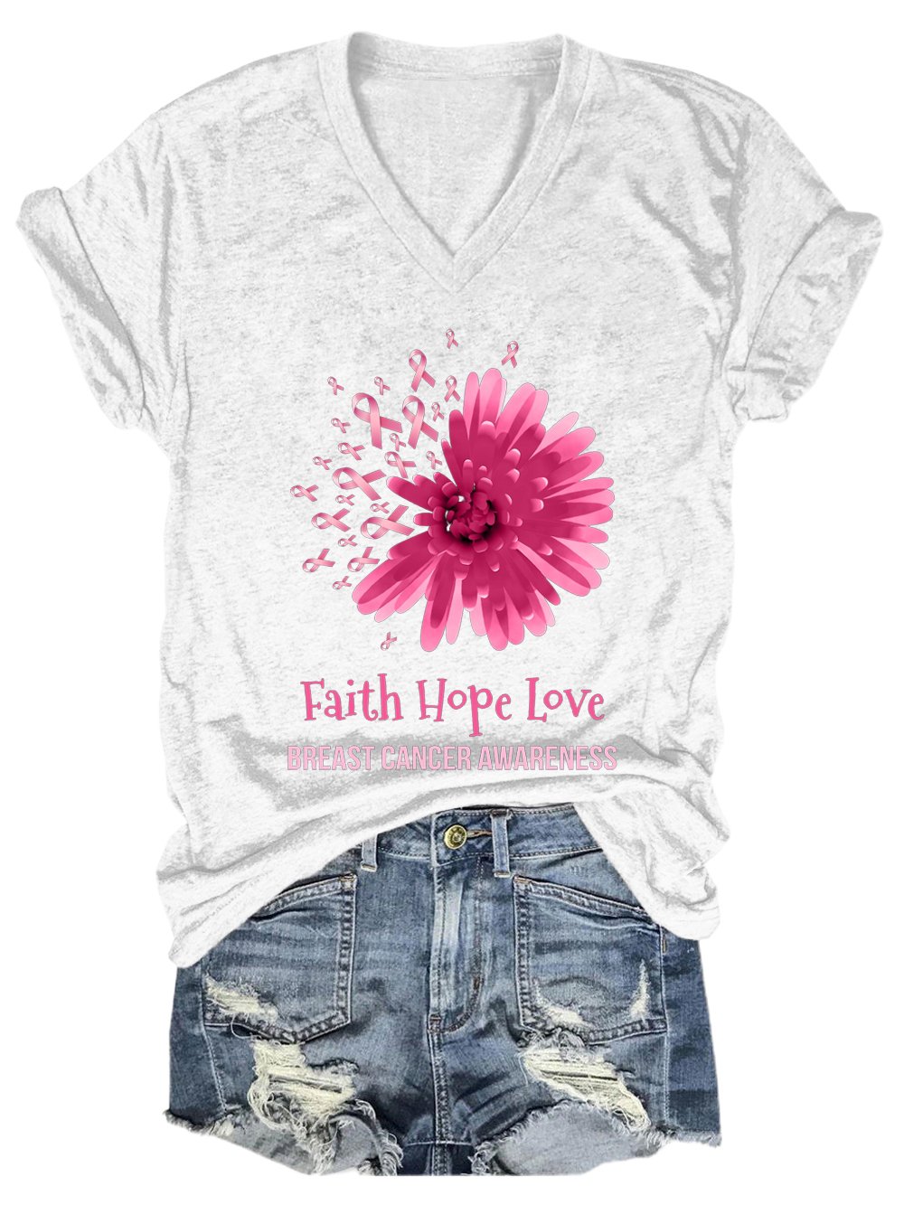 Women's Flower Faith Hope Love Breast Cancer Awareness Print Casual T-Shirt