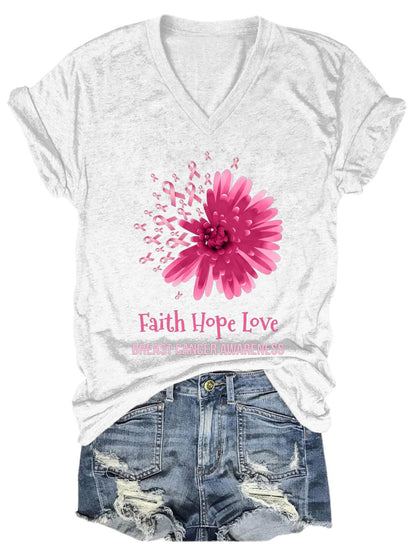 Women's Flower Faith Hope Love Breast Cancer Awareness Print Casual T-Shirt