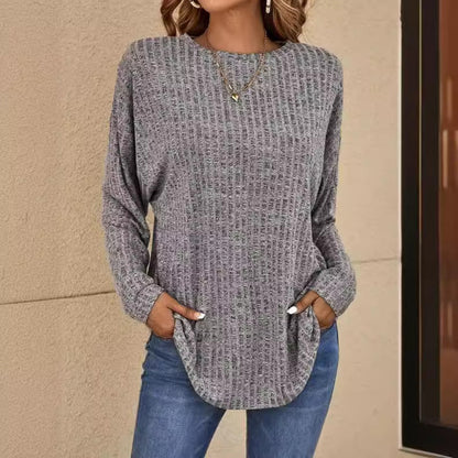 Women's sweater ribbed knit elegant round neck solid long sleeves