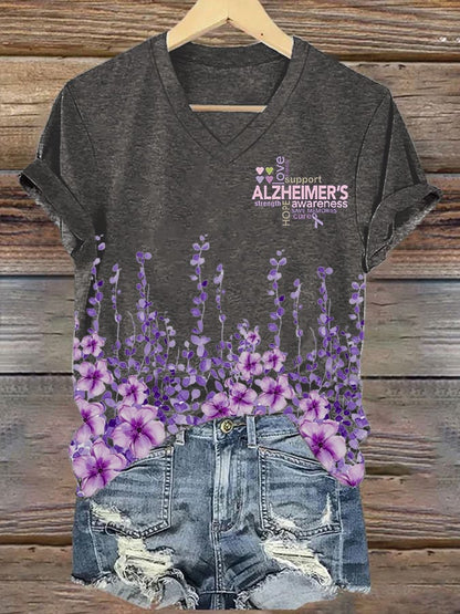 Women's Alzheimer's Disease Awareness Floral Print V-Neck T-Shirt
