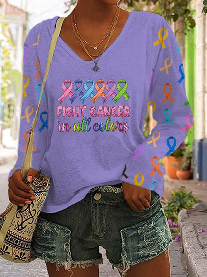 Women's Fight Cancer In All Colors V-neck Long Sleeve T-shirt