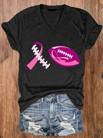 Women's Football Breast Cancer Awareness Print V-Neck T-Shirt