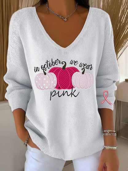 Women's Breast Cancer Pumpkin Print Casual Striped Fabric Long Sleeve T-Shirt